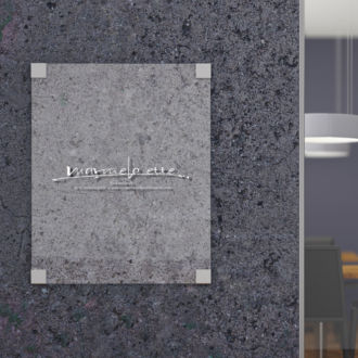 Empty glass poster on dark concrete wall of office interior. Advertising concept. Mock up, 3D Rendering